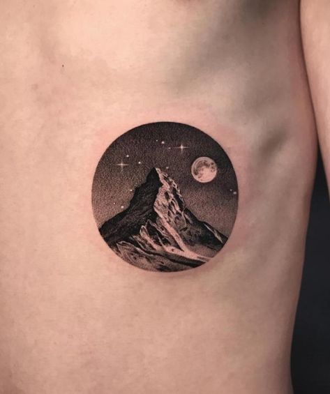 Mountain And Sky Tattoo, Moon Landscape Tattoo, Mountain Night Sky Tattoo, Star Coverup Tattoo, Mountain Tattoo With Moon, Mountain Stars Tattoo, Mountain And Stars Tattoo, Tattoo With Moon, Minimalist Mountain Tattoo