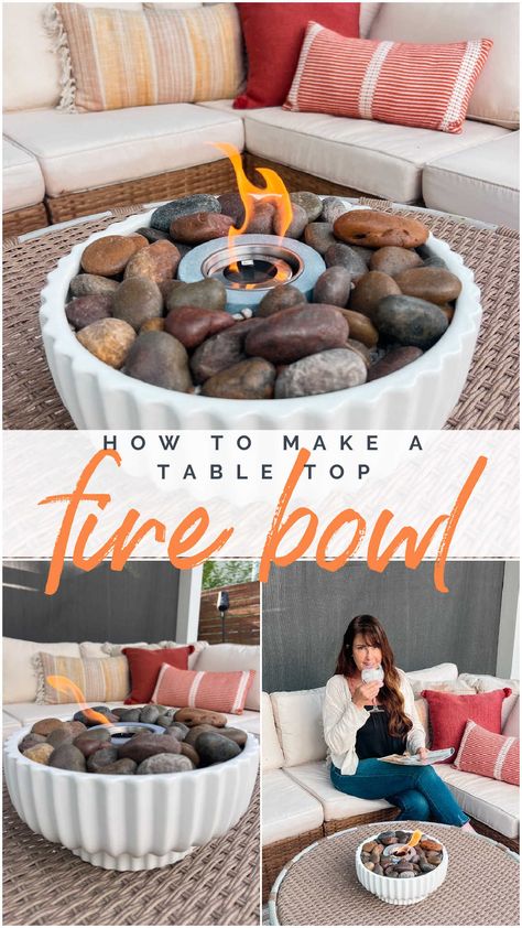 Outdoor Tabletop Fire Bowl, Diy Tiki Torch Fire Bowl, Diy Fire Bowl Tabletop, Diy Fire Bowl Patio, Fire Bowls Outdoor Diy, Diy Table Top Fire Bowl, Fire Bowls Outdoor, Diy Fire Bowl, Diy Tabletop Fire Pit