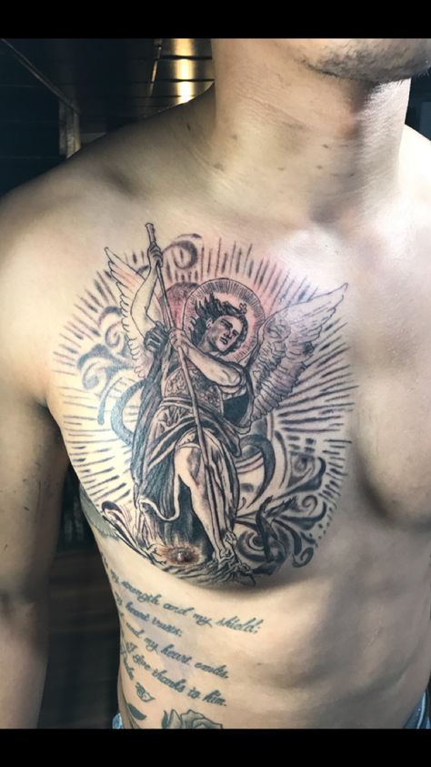 St. Michael tattoo Cool Chest Tattoos Men, St Michael Back Tattoo, St Michael Tattoo Chest, St Michael Tattoo Forearm, St Michael Armor Tattoo, Arch Angel Tattoo Saint Michael, St Michael Tattoo, Soldier Tattoo, Archangel Tattoo