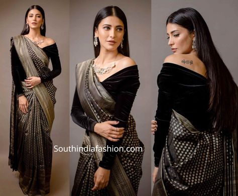 Off Shoulder Saree Blouse, Black Silk Saree, Velvet Blouse Design, Black Blouse Designs, Lichi Silk Saree, Contemporary Silver Jewelry, Shruti Haasan, Sarees For Girls, Sleek Hair