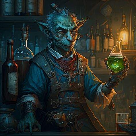 Hobgoblin Alchemist, Goblin Shopkeeper, Alchemist Character Art, Fantasy Shopkeeper, Kobold Alchemist, Dnd Goblin Character Design, Artificer Art, Goblin Character Art, Goblin Merchant