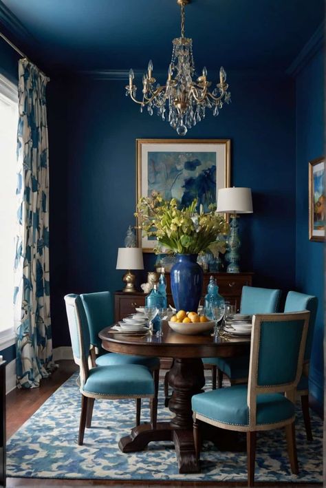 dining room color scheme ideas in audacious sapphire e 2 Dining Room Color Scheme Ideas, Dark Blue Dining Room, Best Dining Room Colors, Dining Room Teal, Dining Room Wall Color, Blue Dining Room, Dining Room Colour Schemes, Color Scheme Ideas, Dining Room Decor Ideas