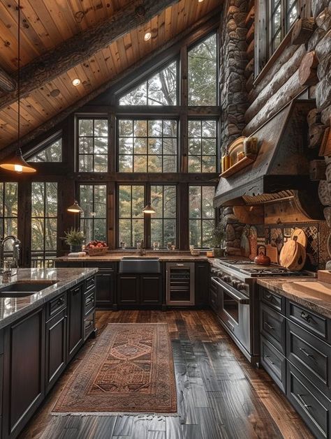 Mountain Kitchen Ideas, Mountain Cabin Kitchen, Rustic Log Cabin Kitchens, Cabin Kitchens Rustic, Comfy Homes, Scandi Cabin, Modern Cabin Kitchen, Barndo Plans, Scandi Home Decor