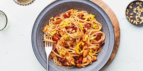 This quick and easy pasta is made entirely from ingredients kept in the pantry, so you can make it whenever a carb craving strikes. Inspired by elements often seen on Italian antipasto platters, the pasta is tossed with dry-cured sausage, artichoke hearts, and sun-dried tomatoes along with a simple tomato paste and olive oil sauce, and topped with toasted pine nuts and crisp peperoncini. Pasta Bites, Pantry Pasta, Antipasto Pasta, Colourful Food, Pantry Meals, Gnocchi Dishes, Pine Nut Recipes, Beef Entrees, Fast Meals