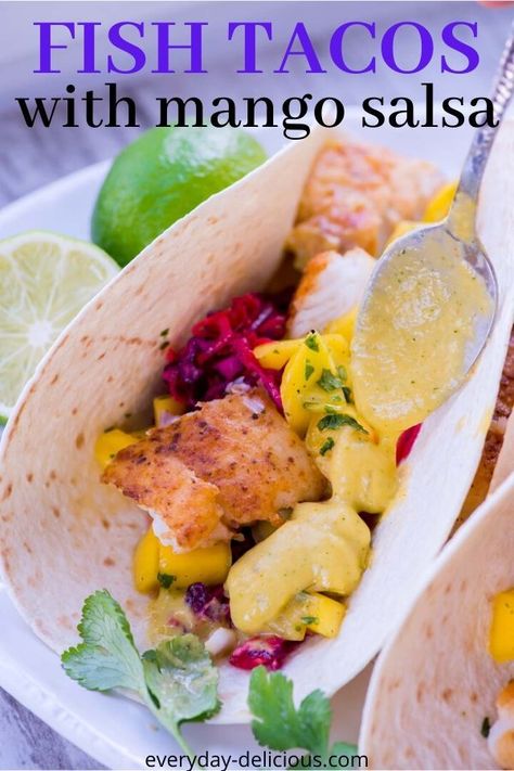 Fish tacos with mango salsa. Delicious tacos with Cajun-spiced fish, mango salsa, red cabbage carrot slaw, and mango sauce. You will be thrilled how flavorful but also light and refreshing they are! #fishtacos #mangosalsa Cajun Salmon Tacos With Mango Slaw, Mango Sauce For Fish, Cabbage Carrot Slaw, Austrian Potato Salad, Mango Sauce Recipe, Mango Tacos, Salsa Video, Fish Tacos With Mango Salsa, Mango Fish