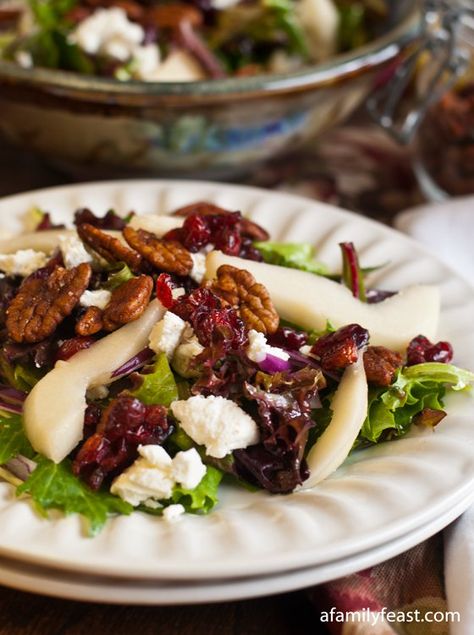 Mixed Greens Salad with Pears, Goat Cheese and Spiced Pecans - A Family Feast Maple Balsamic, Salad Mixed Greens, Salad Recipes Video, Spiced Pecans, Pear Salad, Balsamic Dressing, Pecan Recipes, Goat Cheese Salad, Yummy Salad Recipes