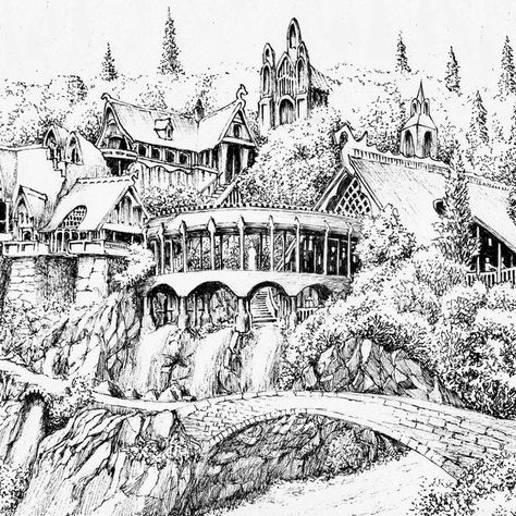 The Lord Of The Rings Sketch, Rivendell Illustration, The Hobbit Sketches, The Shire Drawing, Lotr Coloring Pages, Rivendell Drawing, Lord Of The Rings Architecture, Lord Of The Rings Coloring Pages, Lord Of The Rings Drawing Sketches