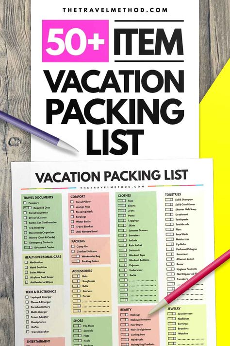 The Ultimate Vacation Packing List: 50+ Essentials You Need - The Travel Method Things To Pack While Traveling, Pack For Vacation Checklist, Packing Checklist For A Week, 3 Week Travel Packing Lists, Vacation Toiletries List, Packing Travel List, Ultimate Vacation Packing List, International Packing List Family, Summer Vacation Packing List For A Week