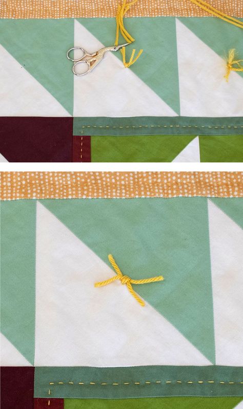 This quilt tying tutorial from suzyquilts.com shows how to tie a quilt with yarn or embroidery thread. Quilt ties is an easy and fast way to finish a quilt. #quilting #quiltties