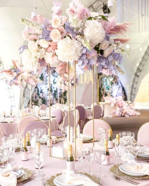 Dreamy Whimsical Wedding, Lilac And Pink Centerpieces, Color Scheme For Quinceanera, Bubble Gum Pink Wedding Ideas, Lilac Theme Wedding Decor, Pastel Colors Quinceanera Theme, Pink And Lavender Flower Centerpieces, Lilac Quinceanera Table Decorations, Lavender And Pink Quinceanera