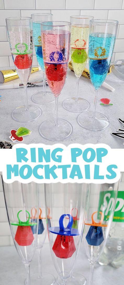 Ring Pop Mocktails for Kids- new years eve drink for kids. Mocktail for kids on new years. No alcoholic drink for kids. Easy fizzy drink 2 ingredients! New Years Eve Drink, Nye Drinks, New Years Eve Snacks, Nye Food, New Years With Kids, New Year's Snacks, New Years Eve Drinks, New Years Eve Party Ideas Food, New Years Eve Dessert