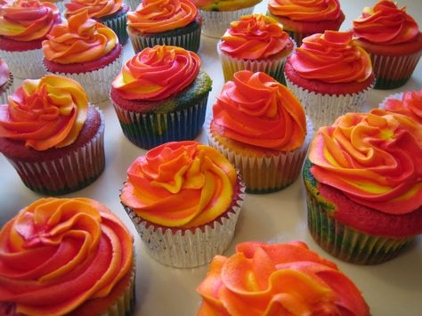 Tie Dye Cupcakes Tie Dye Cupcakes, Purple Food Coloring, Swirl Cupcakes, Dragon Wedding, Yellow Cupcakes, Orange Cupcakes, Birthday Cake Flavors, Purple Food, Red Cake