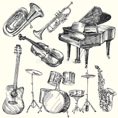 Musical Instruments Sketch, Drawing Of Musical Instruments, Musical Drawings, Musik Tradisional, Musical Instruments Drawing, Jazz Instruments, Drawing Instruments, Instruments Art, Music Drawings