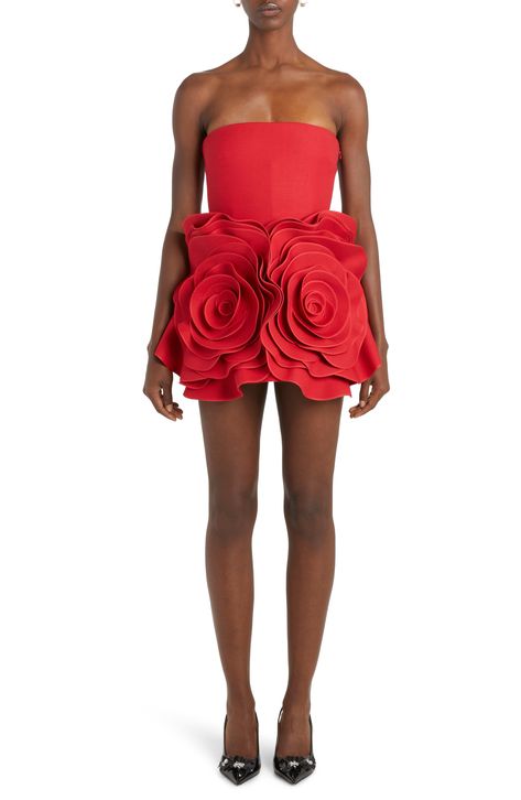 Valentino Garavani Rosette Detail Strapless Crepe Couture Cocktail Dress available at #Nordstrom Couture Cocktail Dress, Cocktail Dress Nordstrom, Couture Fabric, Dainty Dress, Valentino Red, Red Dress Short, Dress Sketches, Fashion Figures, Basic Dress