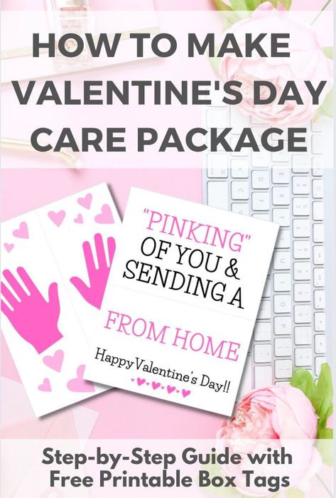 How to Make a DIY Valentine’s Day Care Package for College Students (and other loved ones far from home) with Free Printable Tags - "Pinking" of you and sending a HUG from home! #valentinesday #carepackage #freeprintable Valentines Day Care Package, Sending A Hug, Sending Kisses, Diy Care Package, Free Printable Tags, Printable Box, College Care Package, Heart Template, Valentine Chocolate