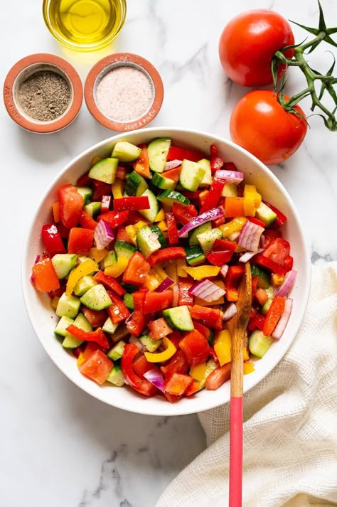 Tomato Cucumber Bell Pepper Salad - iFoodReal.com Pepper Cucumber Tomato Salad, Cucumber Bell Pepper Salad Recipes, Pepper Salad Recipes Bell, Mozarella Tomato Cucumber Salad, Egyptian Cucumber And Tomato Salad, Bell Pepper Salad, Ground Chicken Burgers, Traditional Greek Salad, Veggie Salad