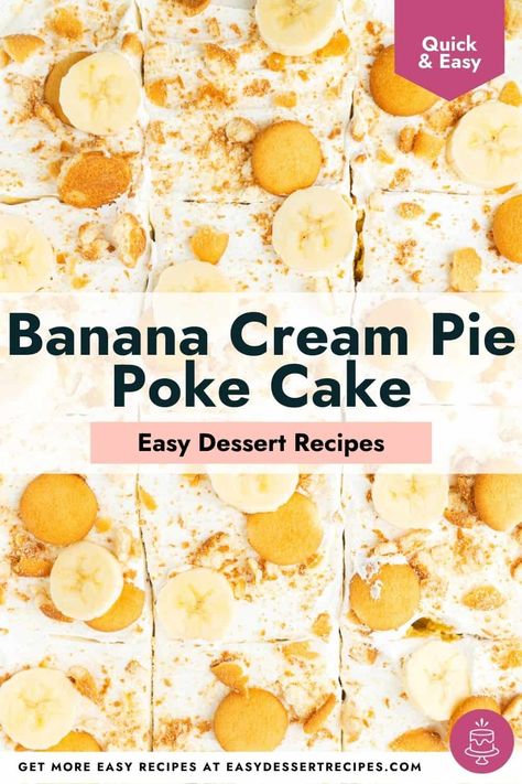 Banana Cream Pie Poke Cake is an easy cake mix recipe that is sweet, flavorful, and delicious! This is the perfect cake for summertime, as it's light and full of banana flavor. Make this poke cake for your next summertime celebration! Banana Cream Pie Cake, Banana Flavored Cake, Easy Banana Cream Pie, Instant Banana Pudding, Cake Mix Recipe, Banana Pudding Poke Cake, Pudding Poke Cake, Easy Banana Pudding, Poke Cake Recipe