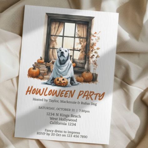 Halloween Dog Themed Party Howloween Fun Invitations from #Ricaso. Cute dog fancy dress party https://www.zazzle.com/halloween_dog_themed_party_howloween_fun_invitation-256756154452586575 #Halloween #dogsofinstagram #halloweenparty #dog #ghost #cuteghost #haunted #cutehalloween #fancydress #zazzlemade #partyinvite #party #invite #invitation #howl #howling #pumpkin Hollywood Fancy Dress, Dog Halloween Party, Dog Themed Party, Ghost Sheet, Dog Fancy Dress, Fun Invitation, Dog Themed Parties, Acts 1, Sheet Ghost