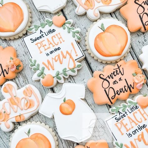 Peach Themed Cookies, Sweet As A Peach Cookies, Peach Baby Shower Cookies, Flood Cookies, Jordan Baby Shower, Baby Shower Fruit, Peach Cookies, Flooding Cookies, Peach Baby Shower