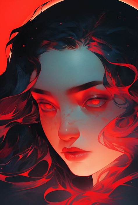 Red Eyes Art Drawing, No Face Character Design, Fire Lighting Reference Drawing, Red Light Reference, Red Lighting Reference, Red Art Aesthetic Painting, Woman Looking Up, Glowing Eyes Art, Realism Digital Art