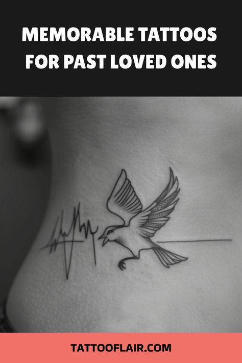 Bird tattoo with heartbeat line design on a person's side, symbolizing remembrance for loved ones. Tattoos For Past Loved Ones, Memorable Tattoos, But Tattoos, Tattoos For Lost Loved Ones, Heartbeat Line, Lost Loved Ones, Perfect Tattoo, Past Love, Full Sleeve Tattoo