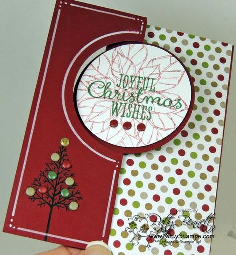 www.PattyStamps.com Joyful Christmas poinsettia and Warmth & Wonder hostess set circle thinlit flip card Circle Cards, Mystery Hostess, Card For Christmas, Step Card, Free Stamps, Christmas Card Inspiration, Fun Video, Homemade Christmas Cards, Flip Cards