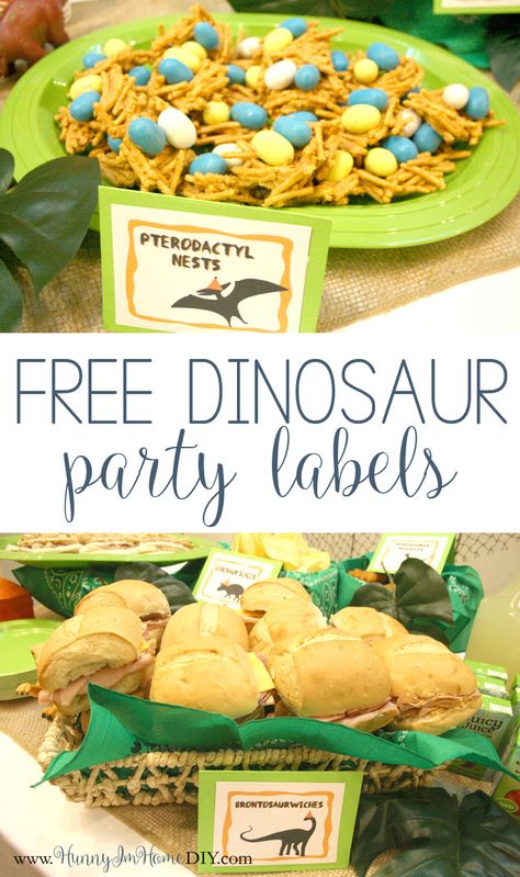 Visit hunnyimhomediy.com to check out my dinosaur birthday party and get access to free printable dinosaur party food labels. Dino Birthday Party Food Dinosaur Snacks, Three Rex Birthday Party Girl Food, Dino Party Food, Dinosaur Birthday Party Food, Dinosaur Party Food, Dinosaur Food, Festa Jurassic Park, Dinosaur Birthday Theme, Park Party