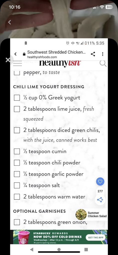 Chili Lime Yogurt Dressing, Summer Chicken, Starbucks Rewards, Yogurt Dressing, Chili Lime, Green Chilies, Shredded Chicken, Chili Powder, Chicken Salad