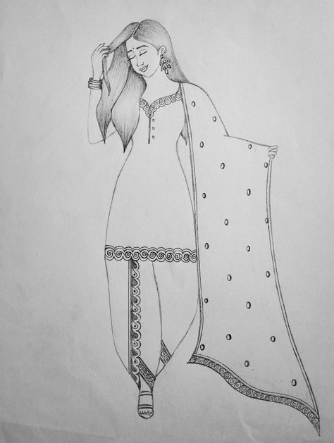 Fashion Croquis Straight Pose, Kurti Drawing Sketches, Salwar Kameez Illustration, Salwar Drawing, Indian Dress Drawing, Panjabi Look, Panjabi Design, Pencil Sketch Portrait, Pencil Sketches Easy