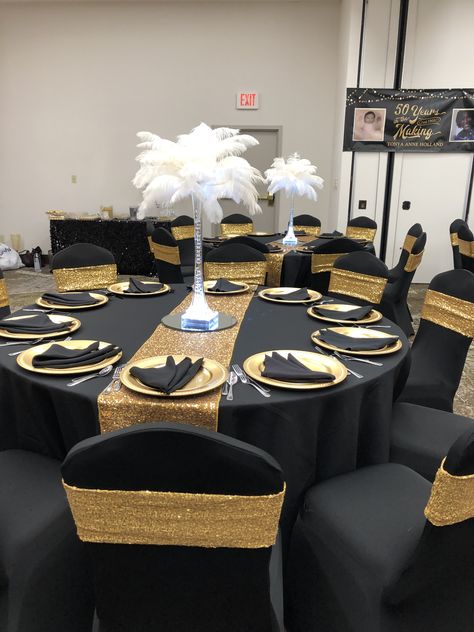 Black And Gold Center Piece Birthday, Black Gold White Table Setting, Black And Gold 50th Birthday Decor, Black And Gold Party Decorations Table, Great Gaspy Prom, Black And Gold 50th Birthday Ideas, Black And Gold Table Centerpieces, Black And Gold Centerpieces, Black And Gold Party Decorations