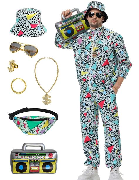 PRICES MAY VARY. 【80s Outfit for Men Include】We have two style sets for you to choose from. The 9Pcs/set includes: 1 * Jacket+1 * Pant+1 * Hat+1 * Sunglass+1 * Ring+1 * Necklace+1 * Bag+1 * Balloon Radio+1 * Bracelet. Adequate accessories can meet your different needs. Very a complete clothing set to make you stand out from the crowd. 【90s Outfit for Men Design】The 80s and 90s Outfit for men features advanced 3D digital printing technology, with clear and funny printing patterns, a variety of co Mens 80s Outfits Party, Boys 80s Outfit Ideas, Tracksuit Halloween Costume, 80 Fashion Outfits 80s Style Party, Boys 80s Outfit, Mens 80s Outfit, 80 Fashion Outfits 80s Style, 80s Costume For Men, Mens 80s Fashion