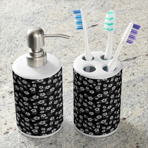 Floral Bath Set - Spruce up the bathroom. #giftsforher #giftsforhim #homedecor #homedecorideas #bathroom #shower #bathtub #dorm #dorms Cowgirl Room, Faux Hair, Toothbrush Holders, Cow Decor, Black Bath, Floral Bath, Cow Gifts, Bath Set, White Cow