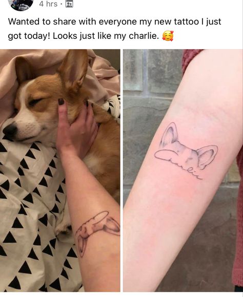 Corgi Ear Tattoo, Fine Line Corgi Tattoo, Corgi Memorial Tattoo, Corgi Ear Outline Tattoo, Bambam Tattoo, Corgi Tattoo Minimalist, Corgi Ears Tattoo, Pet Tribute Tattoo, Oakley Tattoo