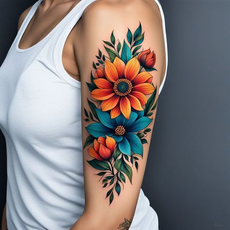 Vibrant Tattoos For Women, Bright Flower Tattoos, Best Feminine Tattoos, Delicate Feminine Tattoos, Colorful Flower Tattoo, Witchy Bedroom, Unique Half Sleeve Tattoos, Soft Shading, Tattoos 2024