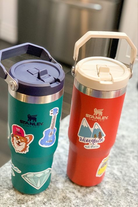 Stickers On Stanley Cup, Stanley Cup Aesthetic Stickers, Stanley Iceflow Aesthetic, Stanley Water Bottle Aesthetic, Tumbler Aesthetics, Water Stanley, Flask Aesthetic, Stanley Stickers, Shopping Vibes