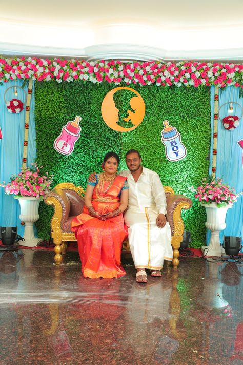 South Indian couple baby shower Sreemantham Decoration Ideas, Baby Shower Backdrop Ideas Indian, South Indian Baby Shower Function, Baby Shower Pics Indian, Traditional Indian Baby Shower Decorations, Simple Sreemantham Decoration At Home, Seemantham Decoration Ideas, Home Wedding Decorations Indoor, Baby Shower Stage Decorations