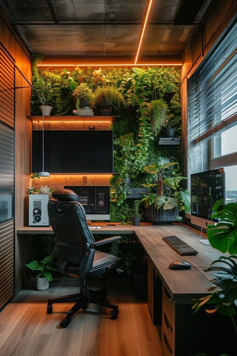 Workspace Setup Inspiration, Workspace Wall Decor, Pc Setup With Plants, Office Ideas With Plants, Office Space With Plants, Office Wall Decoration Ideas, Plant Gaming Room, Nature Desk Setup, Forest Themed Office