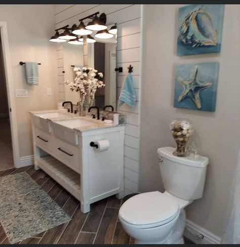 Beach House Restroom, Light House Bathroom Theme, Ocean Restroom Decor, Beach Restroom Decor Ideas, Small Beachy Bathroom Ideas, Coastal Bathroom Bloxburg Ideas, Coastal Bathroom Design Beach, Rustic Beach Bathroom Ideas, Costal Bathroom Design