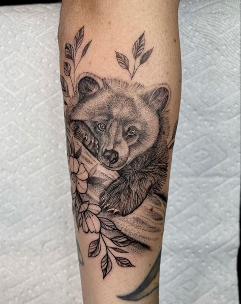 Animal Thigh Tattoos For Women, Nature Theme Tattoo For Women, Bear With Trees Tattoo, Shoulder Tattoos For Women Animal, Bear And Floral Tattoo, Bear Arm Tattoo Women, Pretty Bear Tattoos, Animal And Plant Tattoo, Bear Tattoo Feminine