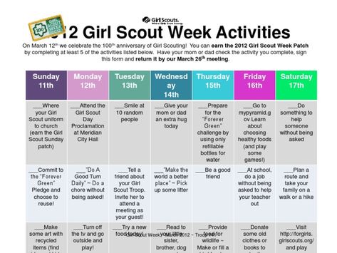 Chart for girls to earn their Girl Scout week patch Girl Scout Week Activities, Girl Scout Uniform, Scout Uniform, Girl Scout Badges, Forever Green, Girl Scout Activities, List Of Activities, Scout Activities, Girl Scout Troop