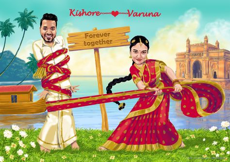 Crazy Wedding Invitations, Roka Decor, Caricature Invitation, Caricature Photo, Marriage Album, Pre Wedding Photoshoot Beach, Cartoon Wedding Invitations, Caricature Wedding Invitations, Hindu Wedding Invitation Cards