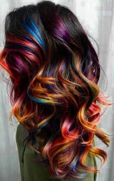 Rainbow Hair Highlights, Unicorn Hair Color, Rainbow Hair Color, Multi Colored Hair, Brunette Hair With Highlights, Hair Color Crazy, Multicolored Hair, Unicorn Hair, Ombre Hair Color