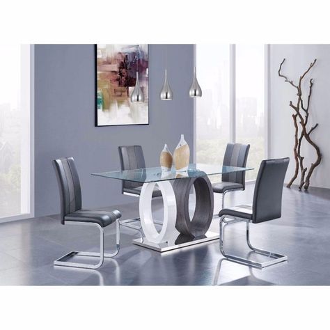 Turn your dining room into a showcase of sophistication with this clear glass top contemporary dining set. Designed to seat four people, this dining set has an opposite oval design with the sculptural base that looks like it belongs in a museum instead of your own home.The table has a clear top that gives a full 360-degree view of the double oval base, which rests on a chrome platform. Glass Top Dining Table Rectangle, Grey Dinning Room, Dinning Room Sets, Transitional Dining Tables, Contemporary Dining Sets, Grey Dining Room, Glass Top Dining Table, Gray Dining Chairs, Dining Furniture Sets