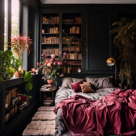 Beautiful Dark Feminine Bedroom Ideas For Every Style 14 Black Rooms With Pops Of Color, Dark And Feminine Bedroom, Moody Parisian Apartment, Different Bedroom Aesthetics Dark, Feminine Dark Bedroom, Mantel In Bedroom, Dark Romantic Home Aesthetic, Dark Feminine House Aesthetic, Dark Feminine Apartment Aesthetic