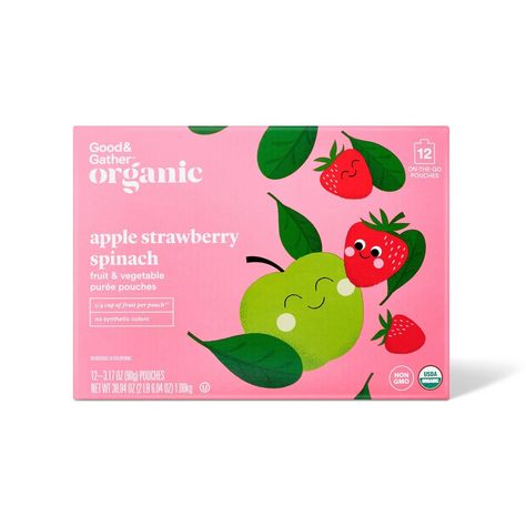 With these Organic Apple Strawberry Spinach Fruit & Vegetable Puree Pouches from Good & Gather™, the whole family can enjoy a convenient snack with a tasty combination of fruit and veggie flavors. This fruit and vegetable puree pack comes with 12 on-the-go pouches with a squeezable design, perfect for little ones to enjoy. Each organic puree pouch contains 1/4 cup of fruit*, with no synthetic colors. Plus, the resealable cap helps maintain freshness and flavor. *Each pouch provides 1/4 cup of fr Fruit Package Design, Baby Food Packaging Design, Cute Packaging Design, Fruit Pouches, Studio Illustration, Apple Blueberry, Kids Package, Strawberry Spinach, Fruit Packaging