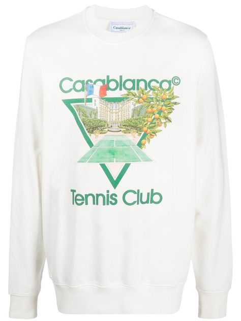 Tennis Club-print crew neck sweatshirt from CASABLANCA featuring white/multicolour, organic cotton, crew neck, graphic print to the front, long sleeves and straight hem. Conscious: This item is made from at least 50% organic materials. Casablanca Clothing, Casablanca Tennis Club, Tennis Club, Tennis Clubs, White Sweatshirt, Casablanca, White Sweaters, Printed Sweatshirts, Tennis