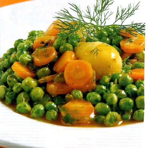 Greek Dilled Peas, Potatoes & Carrots Dilled Carrots, Greek Peas, Mediterranean Veggies, Greek Green Beans, Greek Vegetables, Apartment Recipes, Meatless Dishes, Mediterranean Dinner, Blue Ribbon Recipes