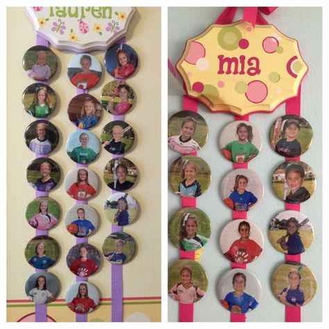 Need a way to display sports buttons? Upcycle your daughter's hair bow holder into a display! Sport Buttons Display, Sports Button Display Ideas, Button Display Ideas, Disneyland Room, Sports Pictures Display, Sports Display, Button Display, Kids Awards, Disney Buttons