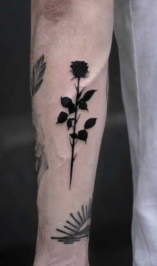 Rose For Men Tattoo, Rose Unique Tattoo, Black Out Design Tattoo, Black Out Rose Tattoo, Withering Rose Tattoo, Mens Rose Tattoos, One Rose Tattoo, Rose On Back Tattoo, Rose Men Tattoo