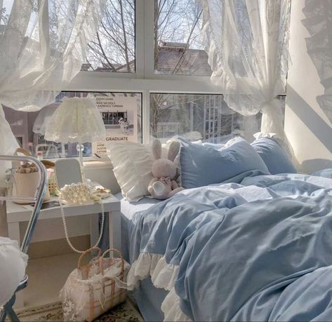 Greyish Blue Bedroom, Coquette Bedroom Blue, Blue Cottage Core Bedroom, Blue Room Inspo Aesthetic, Blue Coquette Bedroom, Pastel Blue Room Aesthetic, Blue Room Ideas Aesthetic, Cute Blue Bedroom, Pastel Blue Room